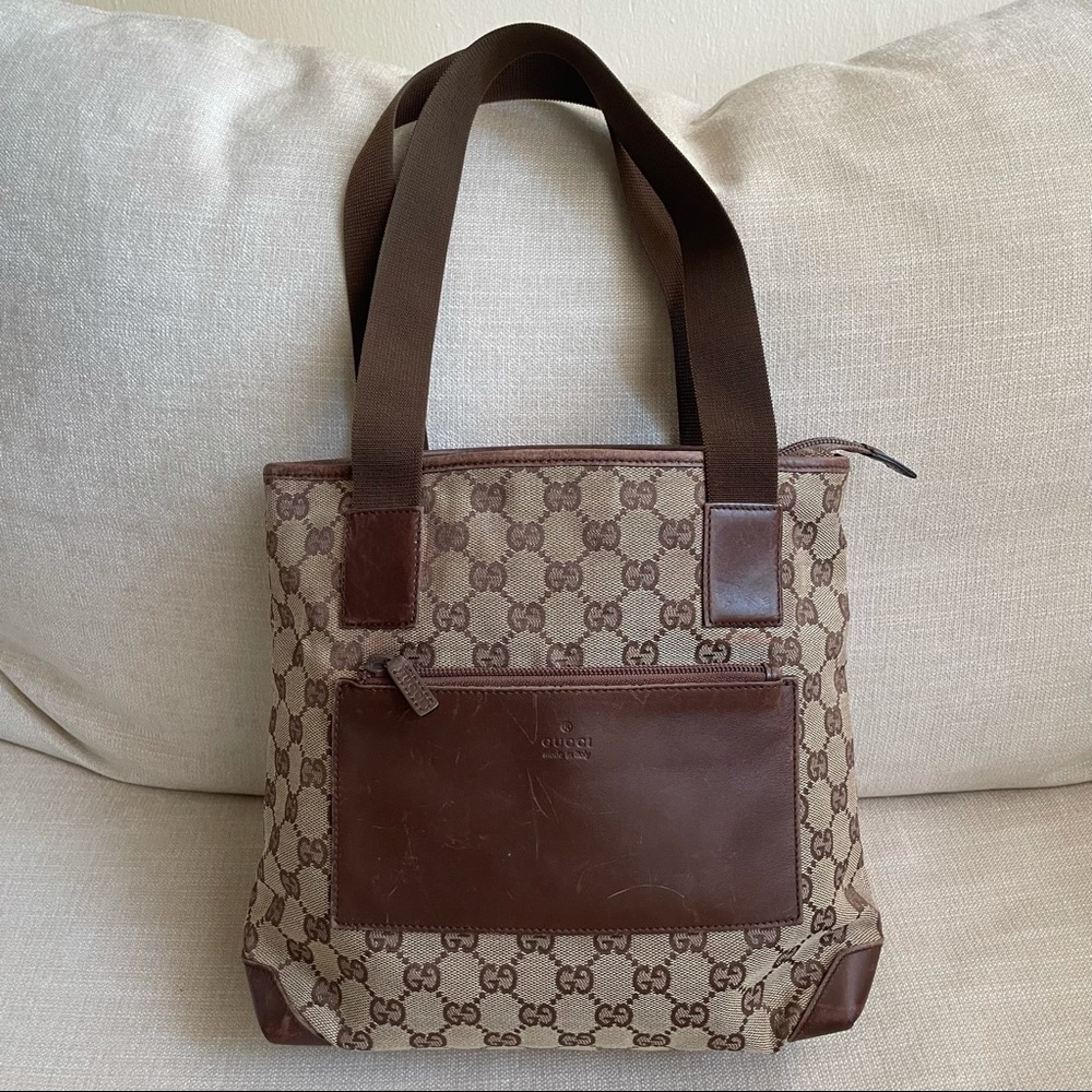 Authentic Gucci GG Brown Canvas and Leather Small Tote Shoulder Bag